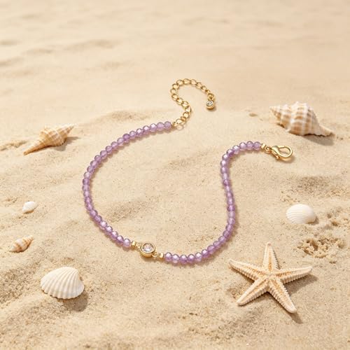 Raicegs Anklets for Women Handmade Beach Boho Ankle Bracelet 3mm Natural Stone Beaded Ankle Bracelet 14K Gold Plated Zircon Pendant Adjustable Crystal Gemstone Anklet Jewelry Gift for Her - color: Amethyst