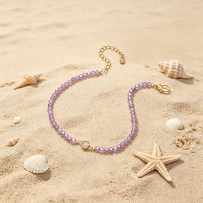 Raicegs Anklets for Women Handmade Beach Boho Ankle Bracelet 3mm Natural Stone Beaded Ankle Bracelet 14K Gold Plated Zircon Pendant Adjustable Crystal Gemstone Anklet Jewelry Gift for Her - color: Amethyst