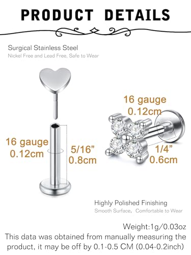 20g 16g Tragus Piercing Jewelry Helix Earrings Threadless Flat Back Earrings for Women Forward Helix Cartilage Earring Tragus Jewelry Medusa Labret Lip Piercing Jewelry Lip Studs 16 Gauge 8mm - color: B8 - threadless 16g 6+8mm - silver