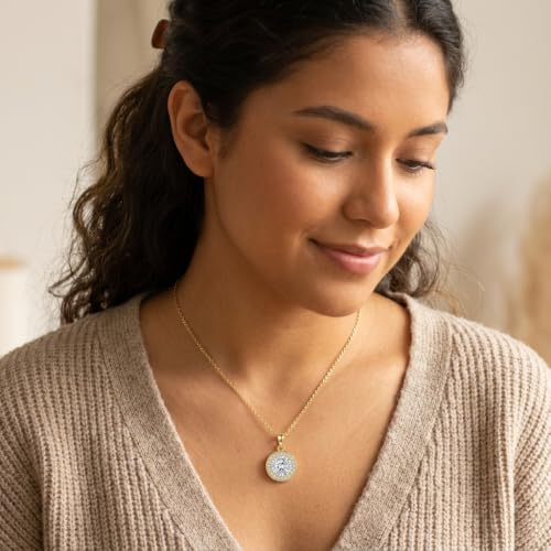 14K Gold Plated Petite CZ Halo Pendant Necklace for Women, Adjustable Chain