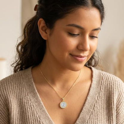 14K Gold Plated Petite CZ Halo Pendant Necklace for Women, Adjustable Chain