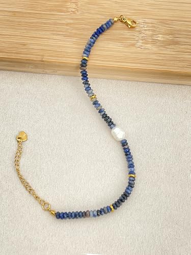 Gemstone Beaded Bracelets with Freshwater Pearl | Crystal Beaded Bracelet Boho Natural Stone Trendy Jewelry Gifts - color: Blue