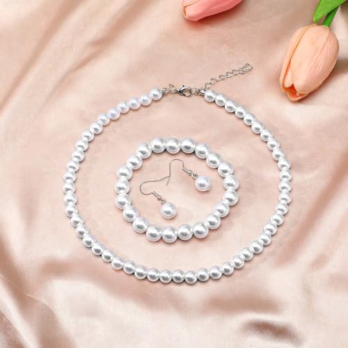 12 Pcs White Pearls Necklace Set 8mm Faux Pearl Necklace and Earring Set for Women Imitation Pearls Necklaces Dangle Earrings Bracelets Costume Jewelry Sets for Wedding Bridal Shower Birthday Gifts
