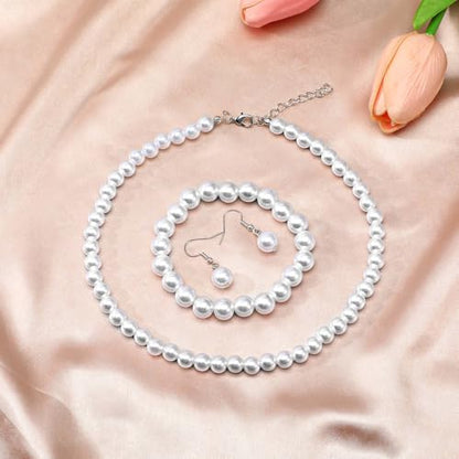 12 Pcs White Pearls Necklace Set 8mm Faux Pearl Necklace and Earring Set for Women Imitation Pearls Necklaces Dangle Earrings Bracelets Costume Jewelry Sets for Wedding Bridal Shower Birthday Gifts