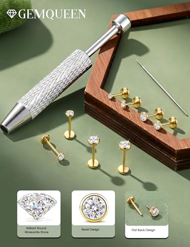 8 Pcs Moissanite Nose Studs Flat Back Earrings 16G/18G/20G | 14K Gold Plated Hypoallergenic Nose Studs, Moissanite Nose Rings for Women Men, Lip, Helix, Conch Piercing Jewelry, Flat Back - color: Gold| 16G(1.2MM)-Bar-6/8MM&Moissanite-2/3/4MM