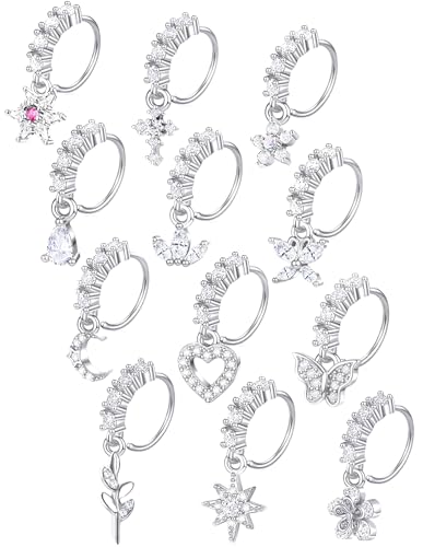 Akeoqi 12Pcs Nose Ring Hoop Cartilage Earring Cute Leaf Star CZ Butterfly Paved Nose Piercing Jewelry for Women men Silver Gold Plated 20G - color: D:Silver Drop
