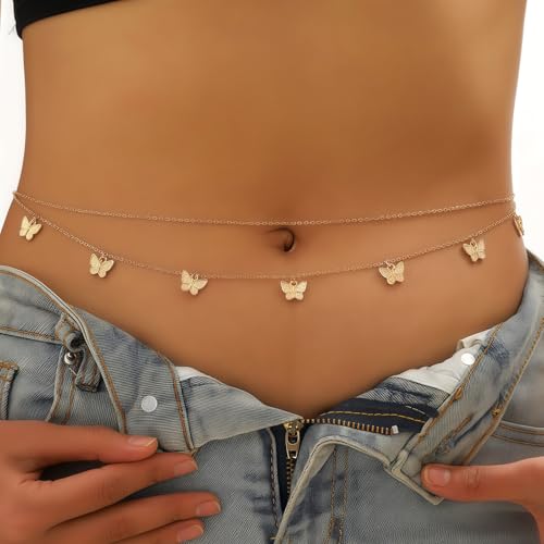 14K Gold Plated Waist Chain for Women, Layered Belly Body Chain | 2Pcs Adjustable Fit, Layered Design, Dainty Chain Styles, Bikini, Dress & Rave Outfits, Beach, Festival & Vacation - color: Gold-Plated 6