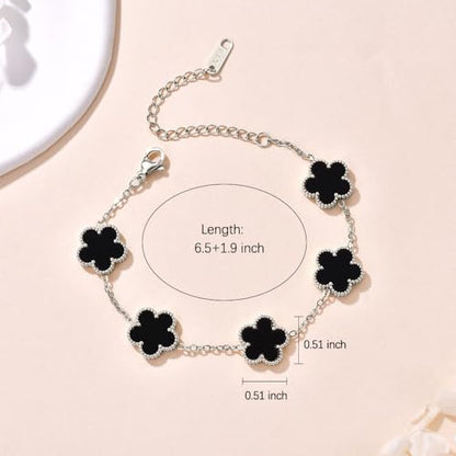 FLY FEI 18K Gold-Plated Four Leaf Clover Bracelet for Women,Adjustable lucky Bracelet Set Jewelry Gift-Hypoallergenic Charm for Birthdays, Wellness & Daily Wear - color: style02-Black(silvery)