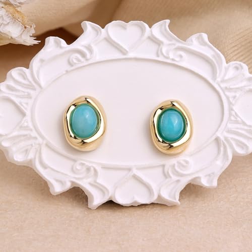 Jean Beau Chunky Gold Stone Stud Earrings for Women, Trendy Natural Gemstone Hypoallergenic Earing Valentine Jewelry Gift - color: Amazonite Blue