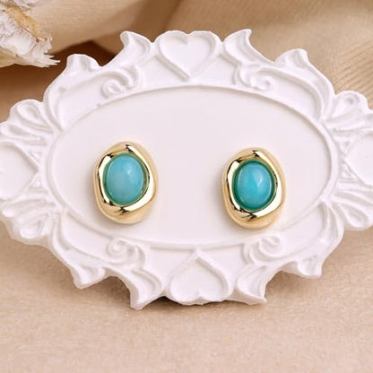 Jean Beau Chunky Gold Stone Stud Earrings for Women, Trendy Natural Gemstone Hypoallergenic Earing Valentine Jewelry Gift - color: Amazonite Blue