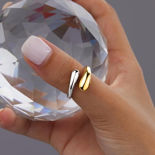 Non Tarnish Gold Chunky Rings for Women, 14K Gold Plated Statement Dome Rings Stacking Silver, Adjustable Mens Eternity Wedding Band Mixed Metal Jewelry Size 3-13 - color: Silver & Gold, size: 11, style: Open Twist Band