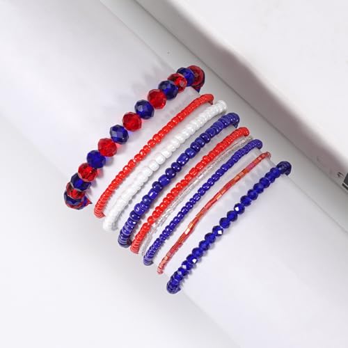 Ardorchid Halloween Bracelets for Women Pumpkin Ghost Steleton Bat Skull Beaded Stackable Stretchy Bracelet Rugby Thanksgiving Christmas Heishi Bracelets - color: Red White and Blue Bracelet