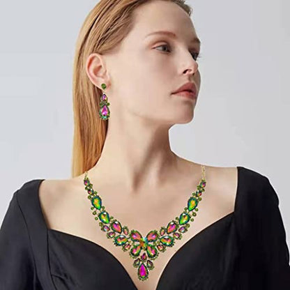 Women's Wedding Bridal Austrian Crystal Glass Teardrop Statement Necklace Dangle Earrings Bracelet Ring Wedding Party Jewelry Set for Bridal Bridesmaid - color: Rainbow-Gold Plated