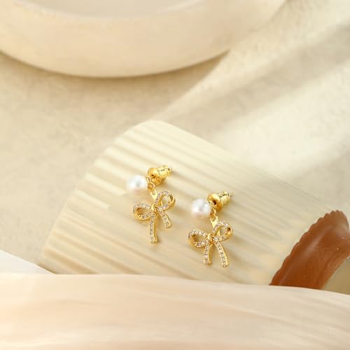 Chunky Hoop Huggie Dangle Tassel Pearl Bow Heart Charm Stud Cilp-on Earrings for Women, 14K Gold plated/Sterling Silver Plated CZ Large Jewelry Vintage Dainty Trendy Gift Daily Prom Party - style: Pearl Bow-GD