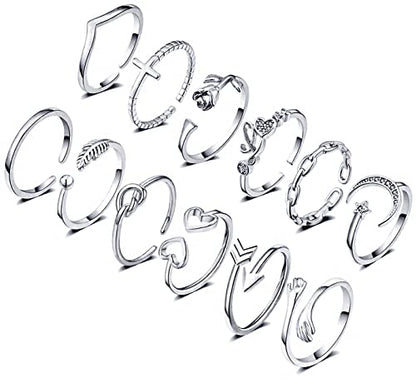 KOHOTA 12PCS Adjustable Knuckle Rings for Women 14K Gold Plated Silver Simple Stacking Rings Pack Open Knot Star Moon Butterfly Dainty Thumb Ring Set for Women - color: 1-Silver color