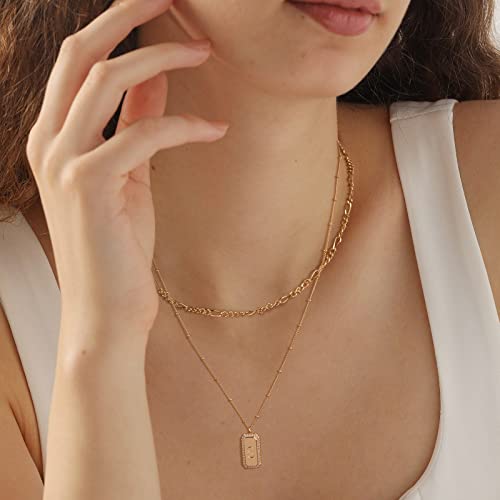 Gold Initial Necklace for Women 14K Gold Plated Figaro Chain Choker Layered Necklaces Set Bar Rectangle Pendant Necklaces Simple Dainty Letter Necklace Everyday Gold Jewelry - style: Letter S