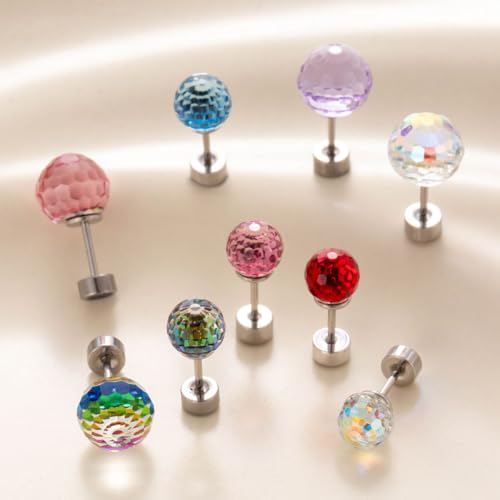Dazzling Crystal Disco Ball Cartilage Stud Earrings for Women Mom Stainless Steel Austrian Colorful 6mm/8mm CZ Tragus Screw Flat Back Helix Tiny Studs Earring Fashion 60's 70's Jewelry Prom Party 20G - color: Colorful,8mm
