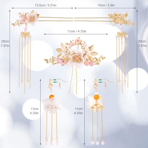 HINZIC 5Pcs Flowers Tassel Hair Pins Set, Crystal Rhinestone Pearl Hair Stick, Chinese Hanfu Traditional Wedding Classical Hair Accessories Earrings Set for Women Girls Updo Long Hair