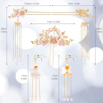 HINZIC 5Pcs Flowers Tassel Hair Pins Set, Crystal Rhinestone Pearl Hair Stick, Chinese Hanfu Traditional Wedding Classical Hair Accessories Earrings Set for Women Girls Updo Long Hair