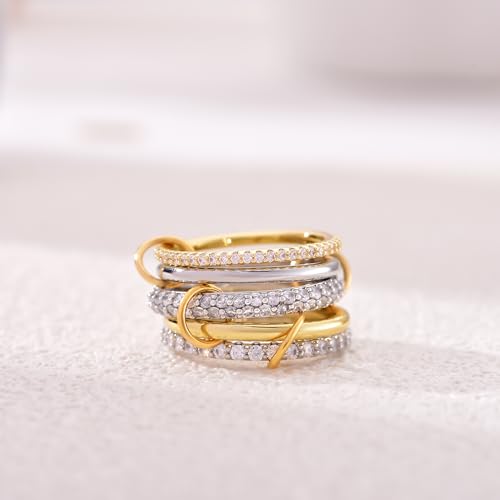 14K Gold Plated Interlocked Stackable Rings for Women Non Tarnish,Gold and Silver Cubic Zirconia Statement Rings Set,Mixed Metals Ring Two-Toned Connected Bands Stacking Jewelry - color: 3*silver rings & 2*gold rings