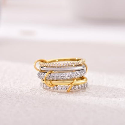 14K Gold Plated Interlocked Stackable Rings for Women Non Tarnish,Gold and Silver Cubic Zirconia Statement Rings Set,Mixed Metals Ring Two-Toned Connected Bands Stacking Jewelry - color: 3*silver rings & 2*gold rings