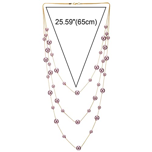 Statement Necklace Three-Strand Long Chains with Synthetic Pearl Beads, Elegant, Dress - color: F-Beads Color: Pink Purple