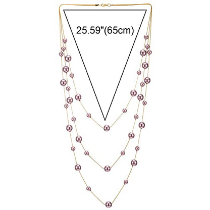 Statement Necklace Three-Strand Long Chains with Synthetic Pearl Beads, Elegant, Dress - color: F-Beads Color: Pink Purple