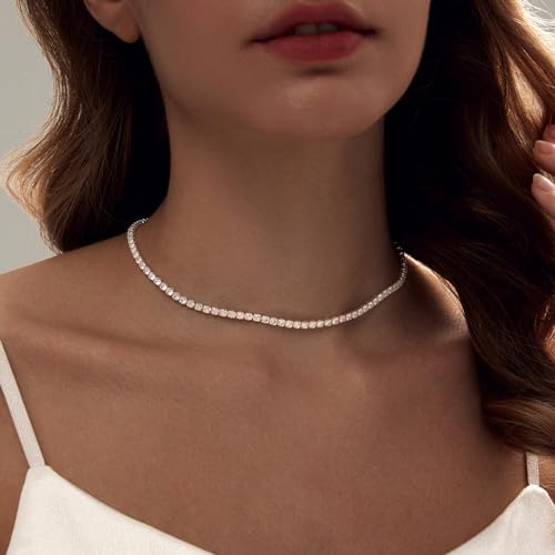 Luxval Tennis Necklace 14K Gold Plated Rhinestone Butterfly Choker Necklaces for women Dainty Zirconia Cut Faux Diamond chain 3mm - color: Silver-tennis