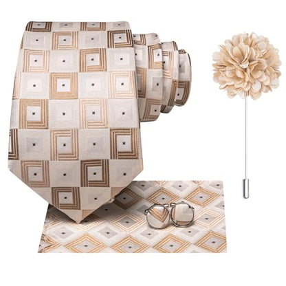 Hi-Tie Men's Silk Ties Formal Woven Classic Necktie Pocket Square Cufflinks Lapel Pin Set Wedding Business - color: Beige and Khaki