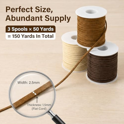 Faux Suede Flat Cord for Jewelry Making, 3 Rolls 50 Yards Each 150 Yards Total, Faux Leather Cord in Cream Brown Dark Brown, with 6 Lobster Clasp Kits for Necklaces Bracelets Chokers