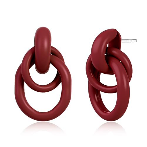 Gold Chunky Earrings for Women Geometric Knot Link Drop Dangle Earrings 14K Gold Plated Statement Earrings Trendy Gold Jewelry - color: Style 1-Red