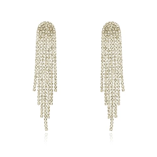 HERIER Rhinestone Earrings Dangling for Women Chandelier Statement Tassel Earrings Girls Silver Sparkly Drop Cubic Zirconia Crystal Earrings Long Dangle Costume Jewelry - color: Gold-Round Tassel