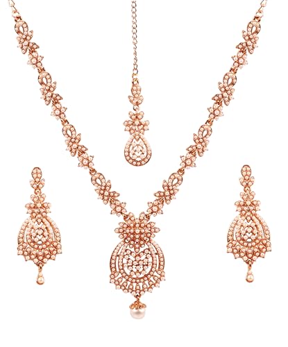 Touchstone Indian jewelry sets for women maang tikka wedding guest gold necklace bollywood jewellery set pageant elegant prom bride accessories western crystal chunky rhinestone necklaces - color: Pearl in gold plating pearl drop