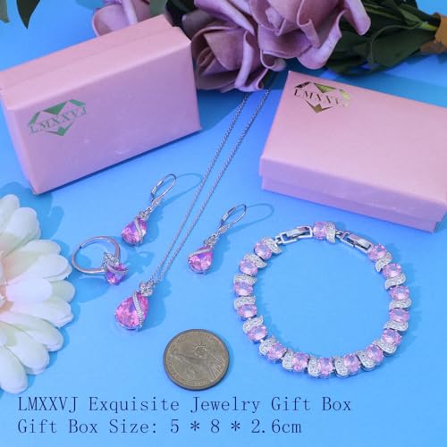 LMXXVJ Jewelry Set for Women,Teardrop Cubic Zirconia Necklace Earrings Adjustable Ring Bracelet Jewelry Set Formal Jewelry Gift - color: SYSD-White Gold-Pink