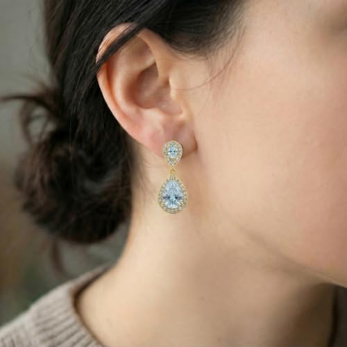 Mariell Cubic Zirconia Crystal Teardrop Dangle Bridal and Wedding Earrings, CZ Jewelry for Brides, Bridesmaids, Homecoming, Prom and Dressy Everyday Wear - color: Gold-Blue Cubic Zirconia