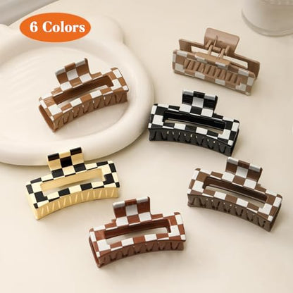 Auseibeely 6 Pcs Checkered Hair Clips for Women, 3.35 Inch Medium Square Claw Clips for Thin Hair, Cute Y2K Checkerboard Hair Accessories, Non-Slip Neutral Tone Banana Jaw Clip, Black White Brown - color: Checkered-3.35 Inch