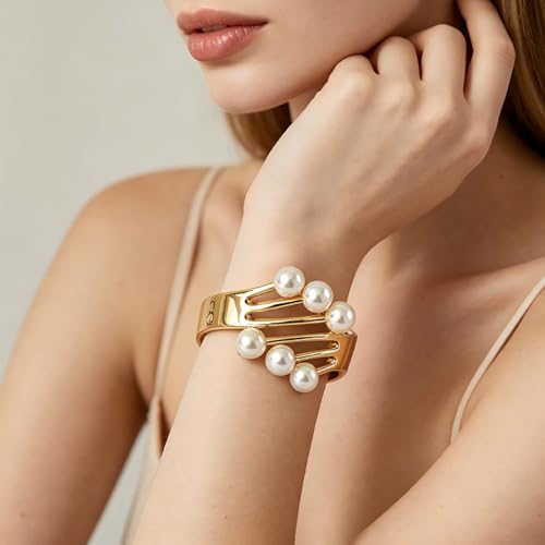 Dainty Pearl Cuff Bracelet for Women Elegant Layered Cuff Bracelet Statement Chunky Gold Bracelets Multi-layer Open Bangle Geometric Winged Bracelets Everyday Party Jewelry - color: Gold