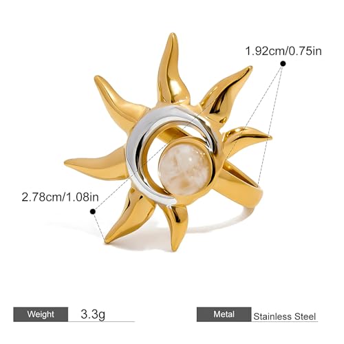 Sun and Moon Adjustable Ring for Women Stainless Steel Open Band Statement Ring Gold and Silver Celestial Jewelry Gift