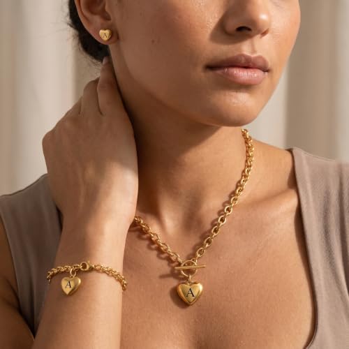 Women's 3 Pieces Heart Name Initial Necklace, Bracelet, Earrings, Jewelry Set Stainless Steel A-Z letters Jewelry Suits - color: Gold, size: J