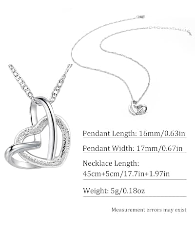 Silver Double Heart Pendant Necklace for Women Interlocking Heart Design with Twisted Rope Chain Dainty Jewelry Gift for Her