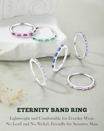 925 Sterling Silver 1.5mm Thin Baguette Stackable Rings for Women | Created Ruby/Sapphire/Emerald/Cubic Zirconia,Dainty Wedding Band Birthday Anniversary Jewelry(with Gift Box) - color: 05-Created Sapphire & CZ
