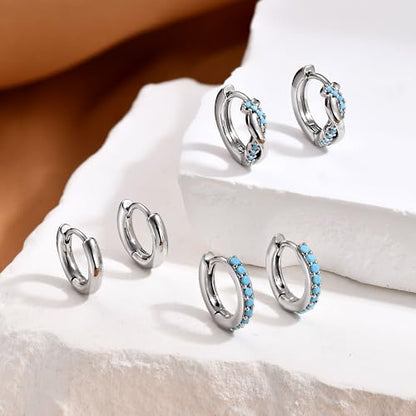 3 Pairs Mini Hoop Earrings Set Turquoise Cubic Zirconia Huggie Hoop Cartilage Earring Ear Cuff for Women (Turquoise/CZ) - color: *Turquoise-F