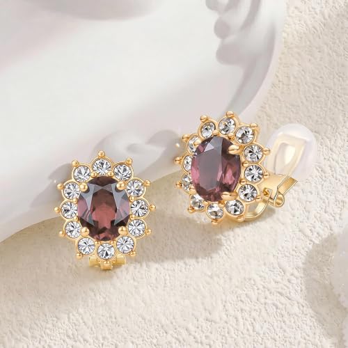 EVEVIC Oval Austrian Crystal Halo Clip On Earrings for Women | Oval Austrian Crystal with Zircon Halo,14K Gold-Plated,Silicone Comfort Pad,Gift Box Included,For Daily and Evening Events - color: Antique Pink