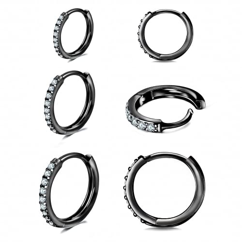 3 Pairs 925 Sterling Silver Small Hoop Earrings for Women Men | Cubic Zirconia, 14K White Gold Plated Huggie Hoop Earrings, Hypoallergenic - style: N-black 6/8/10mm
