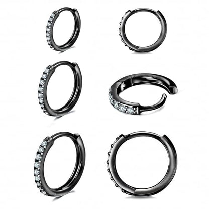 3 Pairs 925 Sterling Silver Small Hoop Earrings for Women Men | Cubic Zirconia, 14K White Gold Plated Huggie Hoop Earrings, Hypoallergenic - style: N-black 6/8/10mm