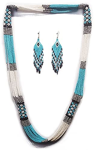 Boho Native Handmade Seed Bead Tassel Necklace, Bohemian Large Statement Beaded Necklace for Women (Turquoise)