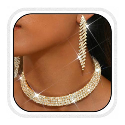 Rhinestone Bridal Wedding Jewelry Sets Silver Choker Necklace Earrings Set Prom Formal Costume Jewelry Set for Women and Brides - color: Gold