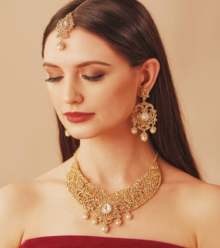Touchstone Indian jewelry sets for women tikka wedding necklace costume guest statement bollywood rhinestones crystal faux pearls gold big royal neck piece set bridal fashion accessories - color: Gold