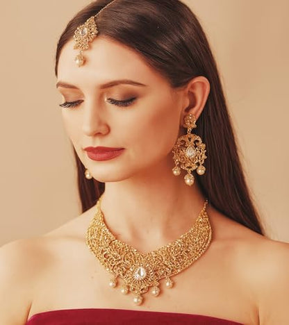 Touchstone Indian jewelry sets for women tikka wedding necklace costume guest statement bollywood rhinestones crystal faux pearls gold big royal neck piece set bridal fashion accessories - color: Gold