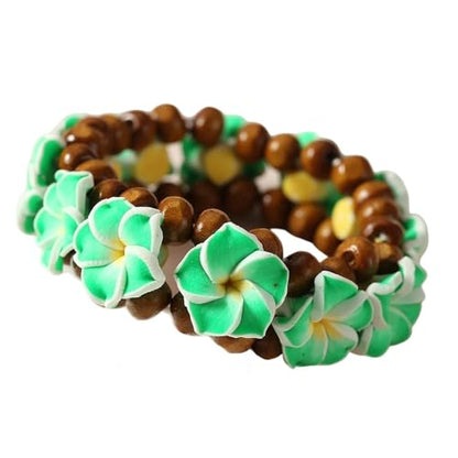Hawaiian Plumeria Rubra Wooden Beaded Bracelet for Women Boho Polymer Clay Plumeria Flower Stretch Bracelet Summer Beach Jewelry - color: Green
